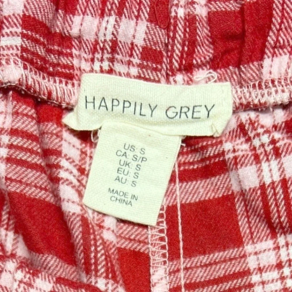 Happily Grey Red Plaid Flannel‎ Pajama Set Dog Embroidered Sleepwear Small EUC